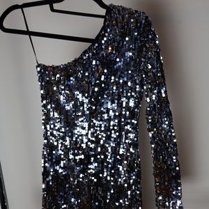 DRESS THE POPULATION BLUE/SILVER SEQUIN ONE SHOULDER DRESS